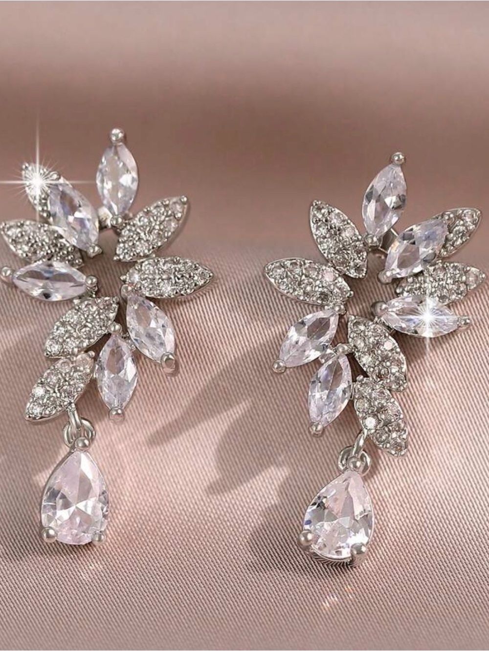 Sparkling Crystal Leaf Drop Earrings - Silver Tone